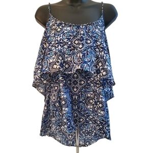 White House Black Market Blue and White Print Tiered Ruffle Tank Top Size M